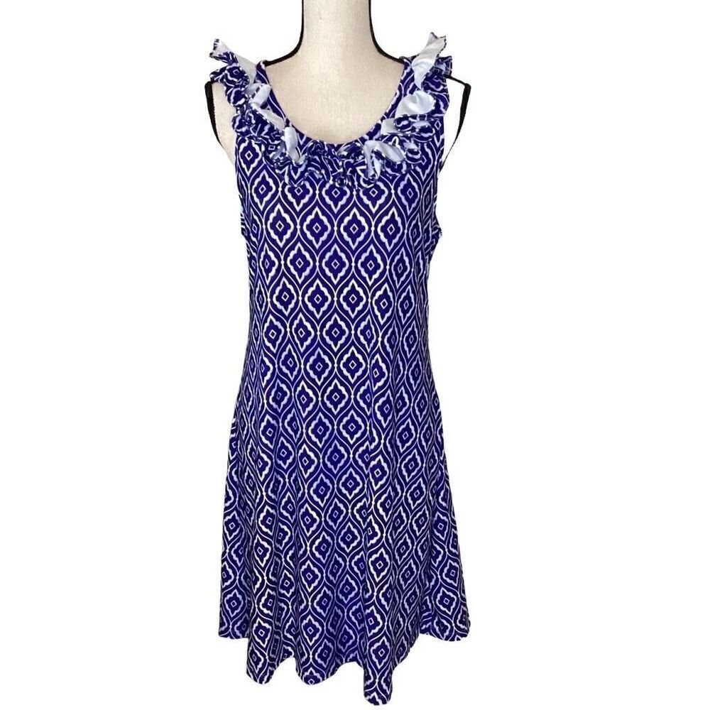 Beacon Hill Kristy Blue and White Ruffled Neck A Line Dress Size M